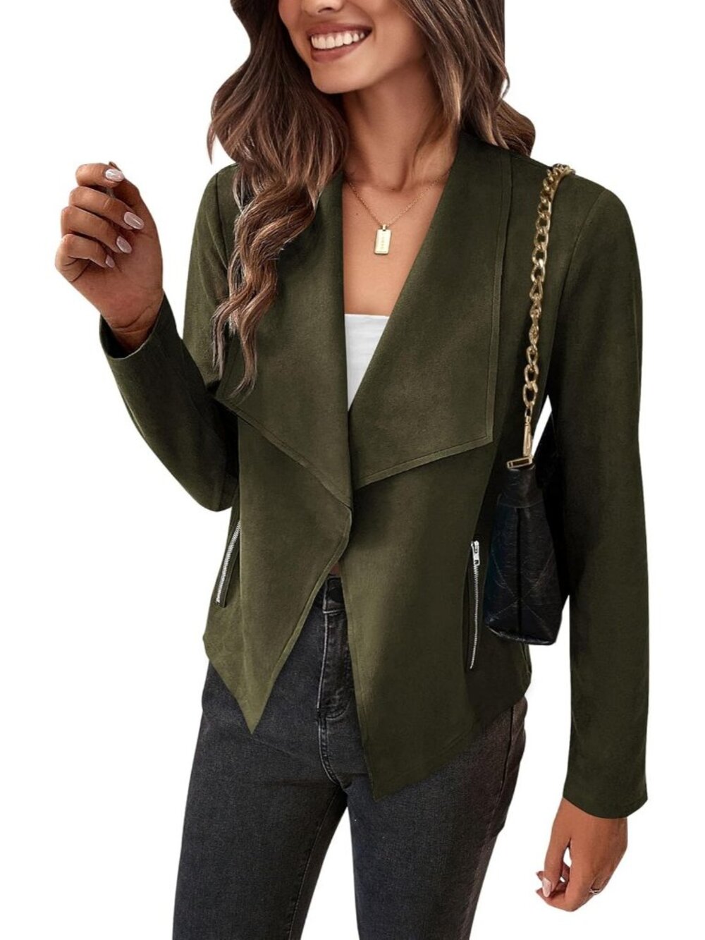 Women's Olive Faux Suede Open Front Waterfall Collar Long Sleeve Draped Jacket